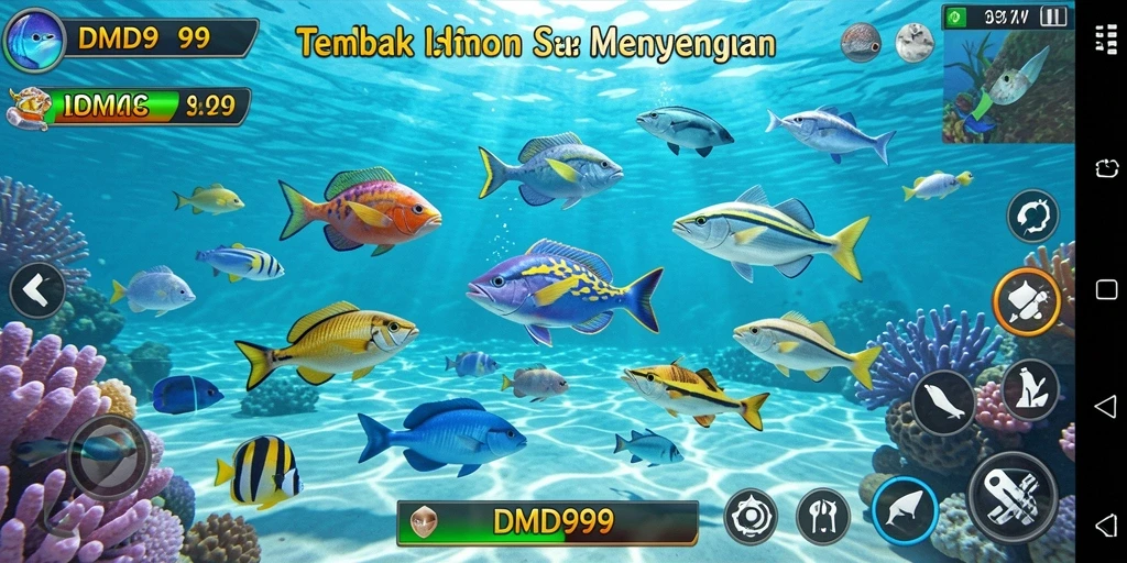Tangkapan layar DMD999 menunjukkan aksi menembak ikan yang seru.