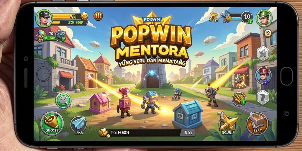 Tampilan gameplay seru di POPWIN dengan menara pertahanan yang strategis.