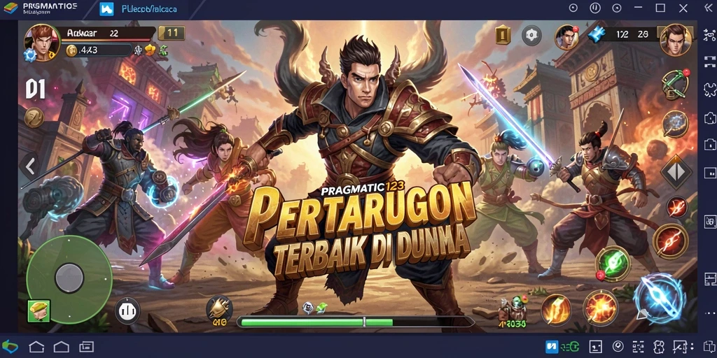 Screenshot utama PRAGMATIC123 menunjukkan karakter bertarung di arena yang mendebarkan.