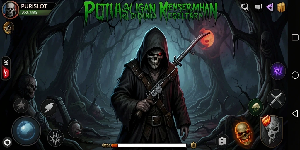 Tampilan gameplay PURISLOT dengan suasana horror yang mencekam.