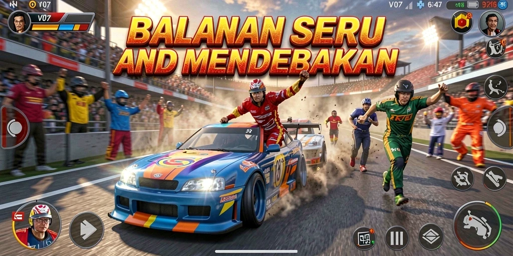 Tangkapan layar gameplay V07 menampilkan aksi balapan yang menegangkan.