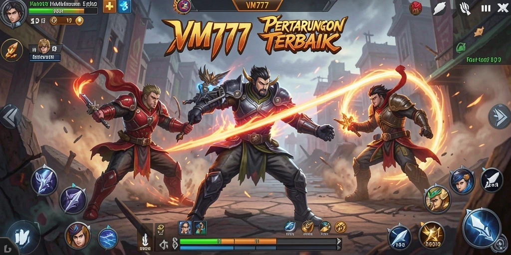 Tangkapan layar VM777 menampilkan pertarungan seru dengan karakter unik.